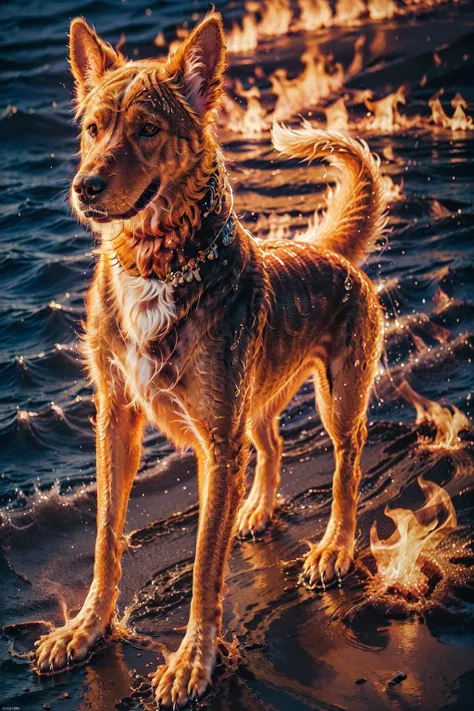 fire, dog, fire dog, flame, ,<lora:on_fire:0.75> dog on fire, ocean, (realistic, realistic_background, high_resolution, distinct_image:1.2), (extremely intricate, detailed light, detailed shadow:1.1), (F4, 1/800s, ISO 100, RAW)