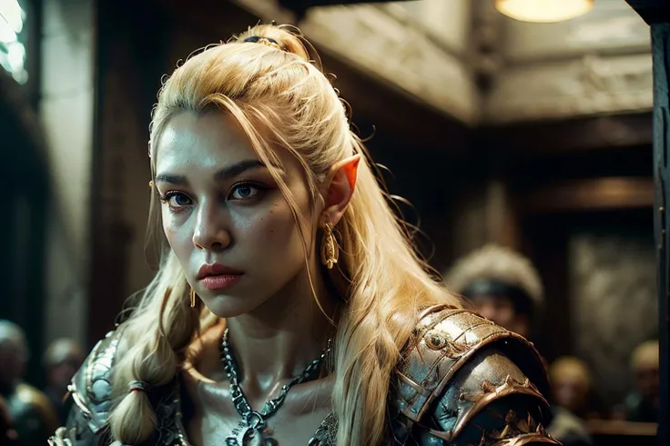 <lora:RPGOrc:1> orc:1.2, 1man male with Faux hawk with shaved sides hairstyle hairstyle and Hulihee in Lemon Tart Blonde with peach eyes and Straight eyebrows , knight wearing <lora:IvoryGoldAIv2:0.7> chainmail <lora:chainmail:1> holding Falchi...