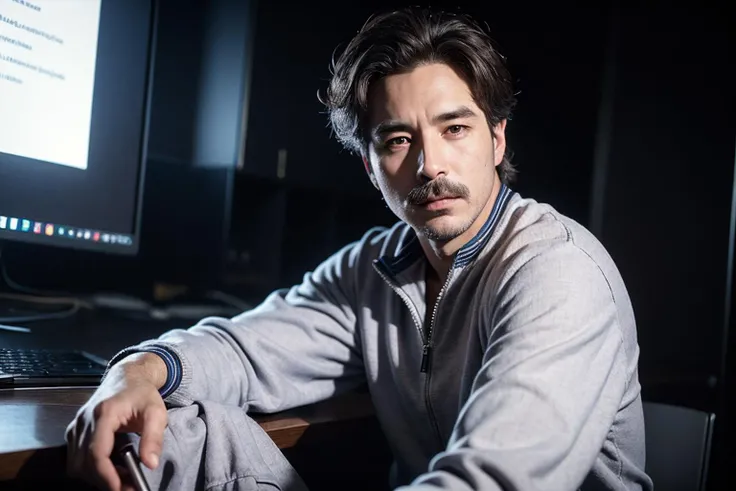 an awarded profesional photography of (1man:1.3) European with Violet eyes with male Low-Temperature Perm hair hairstyle and English mustache in silver color, he wear jammers and zipper smug, symmetrical hand pose in cubicle ,(epic scene:1.3),ultrad...
