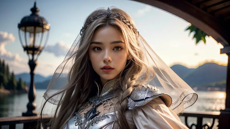 <lora:RPGElf:1> rpgelf, 1girl veil in ash blonde with Gray eyes eyes and Natural eyebrows , warrior wearing scale armour holding axe wide angle, In a bustling saxon city inside a giant hourglass, where time moves differently, in background, realistic...