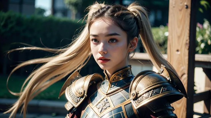 human vampire 1girl low twintails in Pearl Blonde with Brown eyes eyes and Bold eyebrows , defender <lora:RPGDefender:0.7> wearing detailed intricate armor holding Greatsword full body shot, Floating gardens with levitating plants and enchanted flowers...