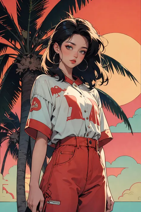 retro girl, Miami, sunset, Ferrari, palm tree, 90s, (flat colors, flat texture, lineart:1.2), graphical design, (heavy ink, ink blacks), 
<lora:AstrAnime_RETRO:1>