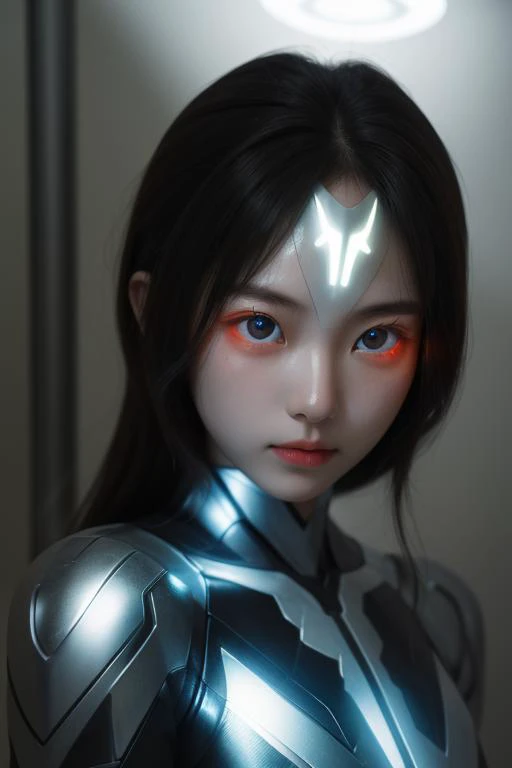 a woman in a futuristic suit with glowing eyes and a glowing head