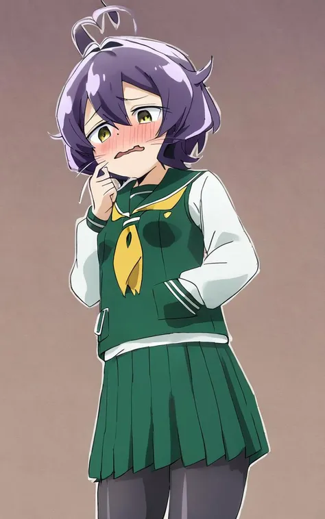 1girl, <lora:sdxl-ma-utena-pony:0.8>, short hair, blackpurple hair, hair between eyes, sidelocks, heart ahoge, bangs, small breasts +++ Utena, darkyellow eyes, looking down +++ school uniform, serafuku, long sleeves, green sailor collar, green skirt, pleat...