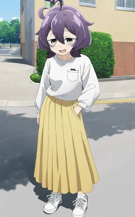 1girl, <lora:sdxl-ma-utena:0.8>, short hair, blackpurple hair, hair between eyes, sidelocks, heart ahoge, bangs, small breasts +++ Utena, jimiko, darkyellow eyes, looking down +++ shirt, long sleeves, long skirt, white ankle socks, sneakers, whiskers, Joyf...