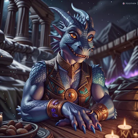 close-up, night, blue scales, kobold mage, wearing fancy vest, golden bracelet, blue claws, hand, legwear, digitgrade feet, magic outside, by null-ghost, by bbc-chan, by tojo the thief,
BREAK
(detailed background),ultra detailed, photography masterpiece, f...