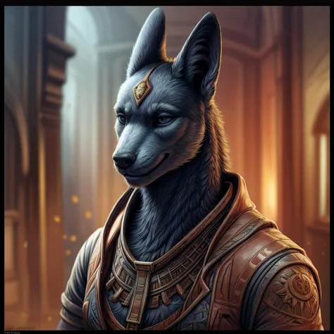 portrait, anubis, smile, Jean-Baptiste Monge, Dan Mumford, cinematic, complex background