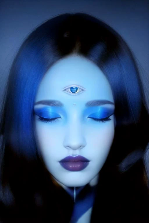 arafed woman with blue eyes and blue makeup with a blue tie