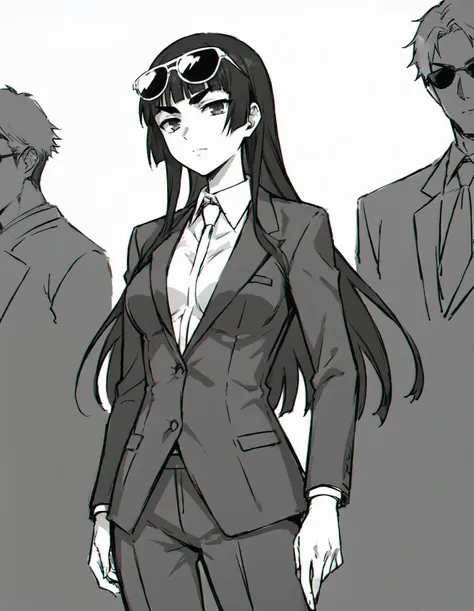 anime characters in suits and sunglasses standing next to each other