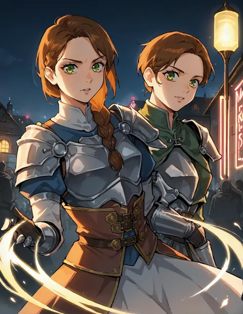 two women in armor standing next to each other in front of a building