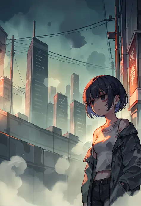 anime girl standing in the middle of a city with buildings in the background