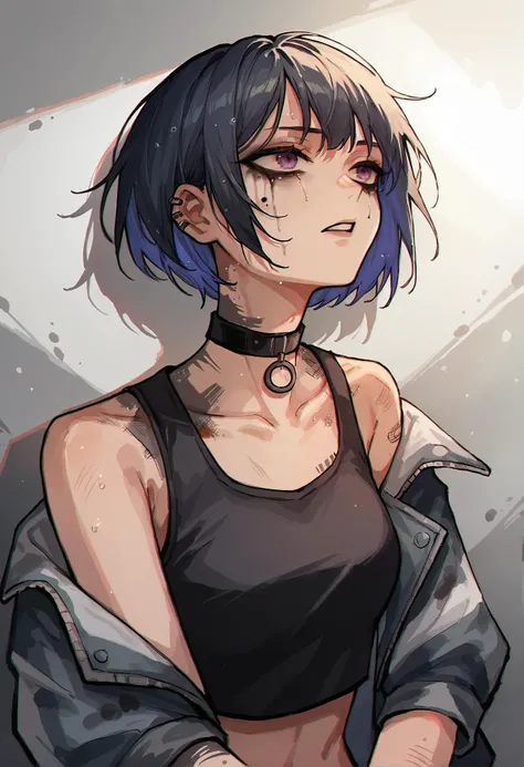 score_9,score_8_up,score_7_up, grunge, dark, watercolor, 1girl, sleeveless jacket, choker, short hair, industrial complex in background, ruined makeup,