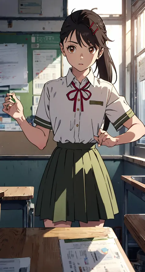 suzumeiwato,, suzume iwato, black hair, (brown eyes:1.5), ponytail, hairclip, hair clip, hair pin, BREAK skirt, shirt, ribbon, brown eyes, school uniform, white shirt, short sleeves, pleated skirt, collared shirt, red ribbon, neck ribbon, green skirt,, BRE...