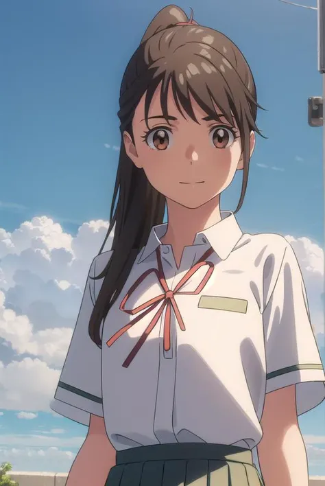 suzumeiwato, <lora:suzume iwato movie-lora-nochekaiser:1>,
suzume iwato, long hair, black hair, hair ornament, (brown eyes:1.5), hairclip, ponytail, smile,
BREAK skirt, shirt, ribbon, school uniform, white shirt, red ribbon, green skirt, long skirt,
BREAK ...