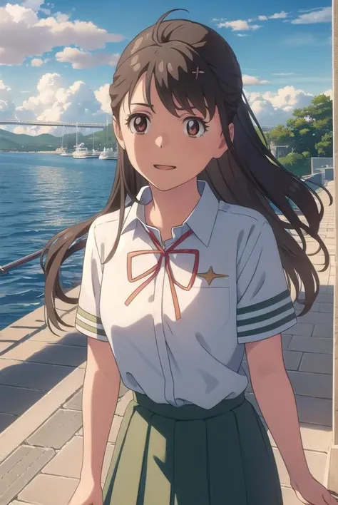 suzumeiwato, <lora:suzume iwato movie-lora-nochekaiser:1>,
suzume iwato, long hair, black hair, hair ornament, (brown eyes:1.5), hairclip, ponytail, smile,
BREAK skirt, shirt, ribbon, school uniform, white shirt, red ribbon, green skirt, long skirt,
BREAK ...