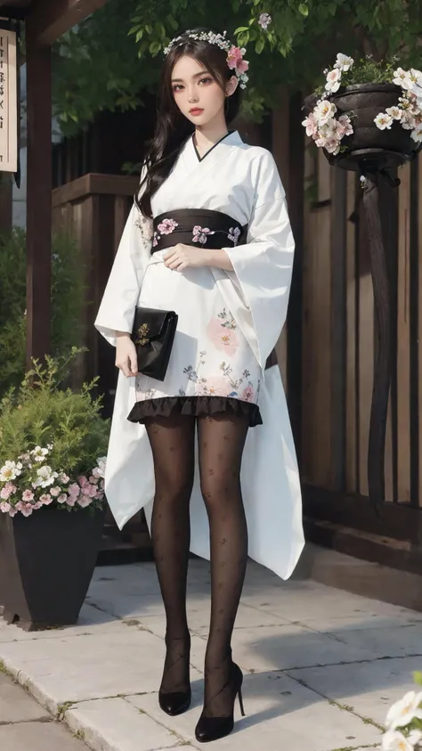 black pantyhose,tutuls,
1girl, (white kimono),(floral print), long sleeves, long hair, full body, high heels, standing, (cowboy shot),(masterpiece, high quality, best quality), (colorful),(delicate eyes and face), volumatic light, ray tracing, extremely de...