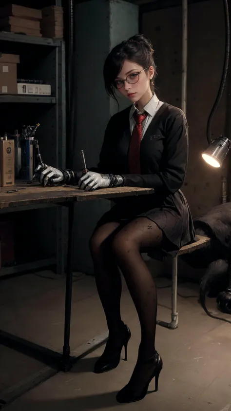 (black pantyhose),(tutuls:1.3),
cinematic style,realistic,masterpiece,best quality,extremely detailed,absurdres resolution,High quality texture,Cinematic Lighting,1girl Sitting at the table fixing robots,robot dog,cute genius japanese school girl,red neckt...