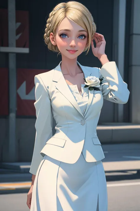 ((Masterpiece, best quality,edgQuality)),solo,1girl,smiling,excited,
edgCosette,braid, looking at viewer, blush, smile, blonde hair,white suit,white skirt, full body, flower
<lora:edgRosaCosettedElise:1>