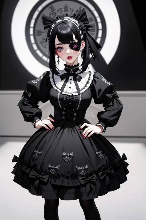 ((Masterpiece, best quality)), edgQuality,bimbo,glossy,(hands on hip)
GothGal, a woman in a black and white dress,ribbon,lace,goth print , eyepatch,woman wearing a GothGal outfit <lora:edgGothGal_MINI:1>