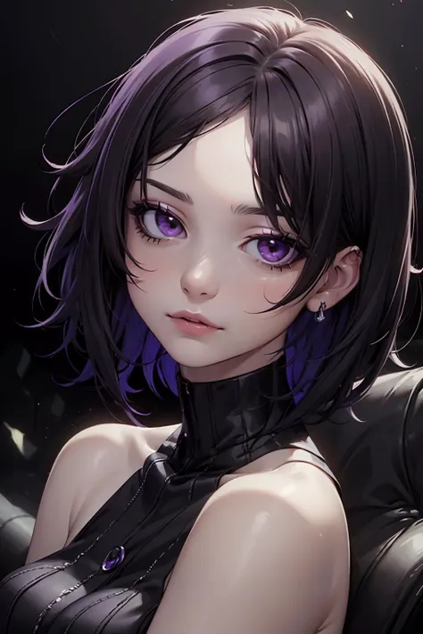 anime girl with purple eyes and black hair sitting in a chair