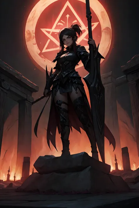 a woman in armor holding a sword standing in front of a large red pentagram