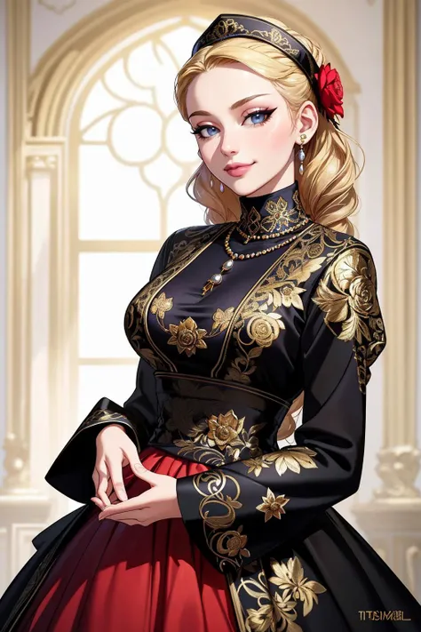 ((Masterpiece, best quality,edgQuality,edgASA1)),smirk,smug,
ballgown,edgVTD, floral print,flowers,woman wearing edgVTD,
royal gown with golden embroidery,jewelry,pearl necklace
 <lora:edgTeaGowns:1>