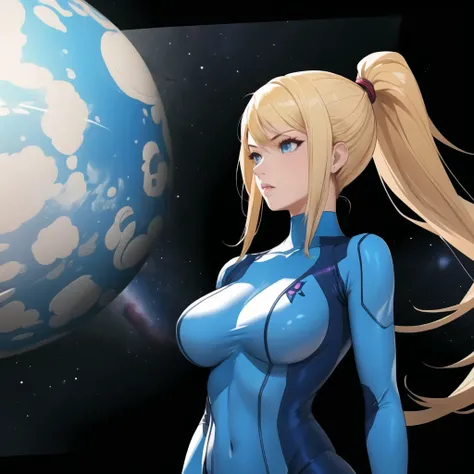 masterpiece, best quality, incarnate details, 8k, uhd, perfect skin, samus aran, ponytail, hair tie, blue gloves, blue bodysuit, (mature female:1.2), background spacecraft,  <lora:samus-nvwls-v1:0.8>