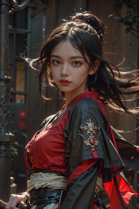 (RAW photo, 4k, realistic, exquisitely detailed skin), masterpiece, best quality, official art, unity 8k wallpaper, ultra detailed,(dark scene,low key,soft lighting:1.3), cinematic look,high saturation,best anatomy,volumetric fog,
a samurai girl, slim body...