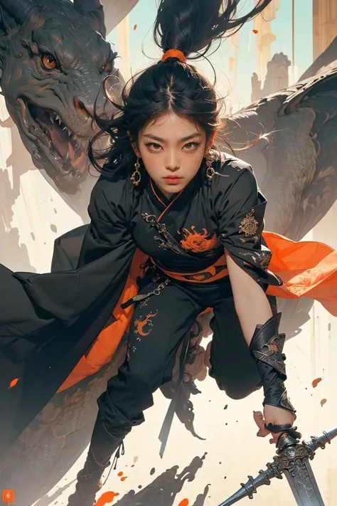 Best quality,masterpiece,ultra high res,1girl,beautiful_face,detailed skin,,gu,dragon,full body,,weapon,black hair,holding weapon,blood,arm guards,male focus,looking at viewer,black eyes,tabi,floating hairfull body,orange,,leaning forward, <lora:wuxia2:0.8...