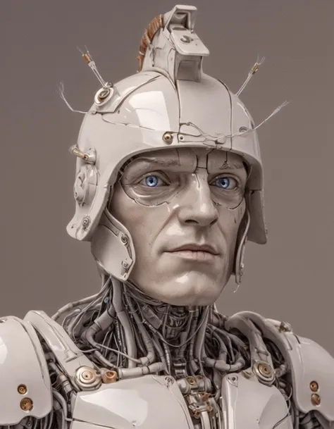 he gladiator,helmet, liquid illumination, charming light,transparent porcelain, robot, synthetic, hyperrealistic,anatomical,cable electric wires,microchip,elegant,beautiful, (cracked:0.45), (mechanical eyes:1.15),gladiator_style,exterm detailed, detailed b...