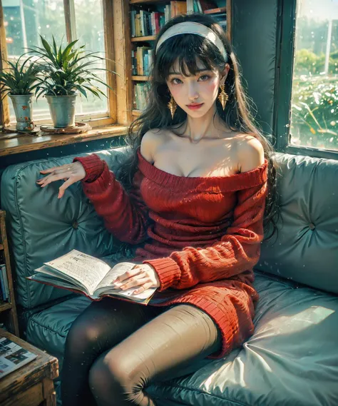 yor briar,1girl,bangs,black pantyhose,book,bookshelf,breasts,cleavage,coffee,coffee mug,cup,earrings,gold earrings,gold hairband,hairband,jewelry,long hair,long sleeves,looking at viewer,medium breasts,mug,off-shoulder sweater,off shoulder,out of frame,pan...