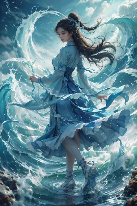 haifeisiv6,painting of a woman in a blue dress walking through a wave,xianxia fantasy,highly detailed character design,rough water,beautiful avatar pictures,fantasy character photo,song of the wind,goddess of love and peace,the wind moves her shirt,female ...