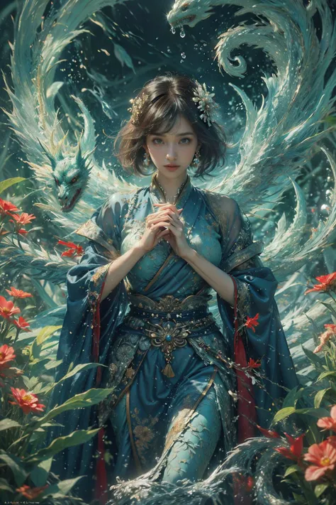 1girl, flower, short hair, hair ornament, dragon, own hands together, tassel, looking at viewer, wings, brown hair, jewelry, red lips, water, closed mouth, bird, solo, chinese clothes, dress, water drop, black hair, lips, earrings, red flower, blue dress, ...