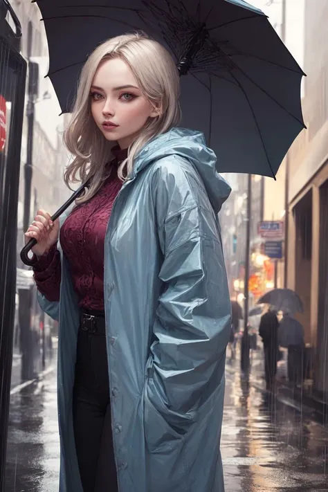 araffe woman in a raincoat holding an umbrella on a rainy day