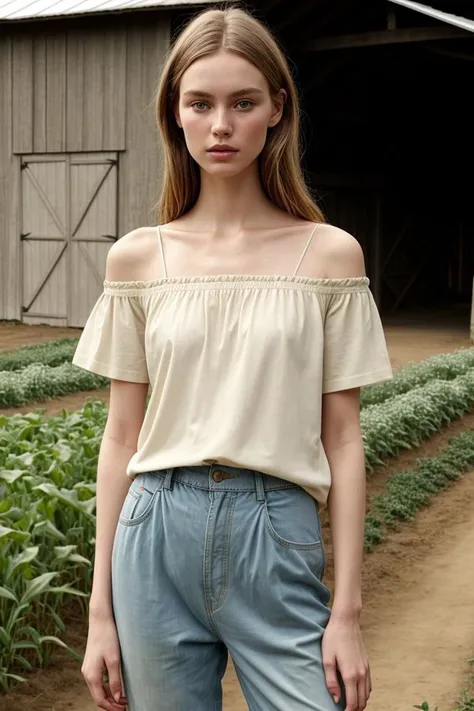 <lora:kawaii7.1.3_obj20:0.75:0.25>, european woman, closeup, sandals, (shirt), pants, (farm with barn), zm_lynn, wide shoulders,...