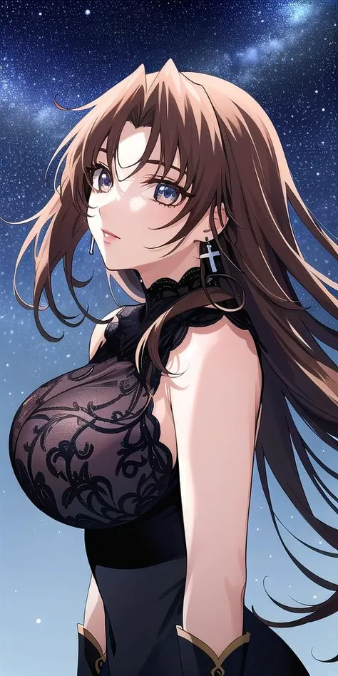 <lora:EclairV3:0.7> kgeclair, huge_breasts, standing, solo, cross_earrings_single_earring, black_dress, starry_sky,, masterpiece, best quality, detailed face, detailed eyes, highres,