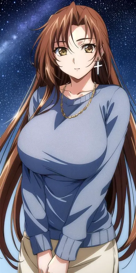 <lora:EclairV3:0.7> kgeclair, huge_breasts, standing, solo, cross_earrings_single_earring, sweater, starry_sky,, masterpiece, best quality, detailed face, detailed eyes, highres,