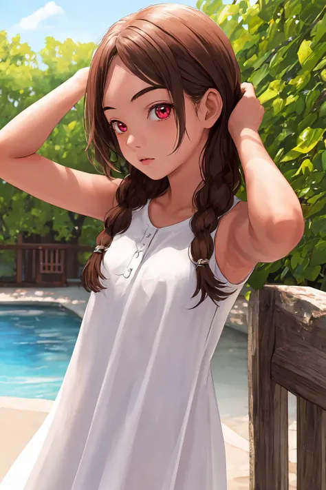 masterpiece, highres, best quality, 1girl, solo, outdoors, cowboy shot, 4s4hina, brown hair, white dress, bare shoulders, tanned skin, front angle, from the front, red eyes,  <lora:asahina-04:1>