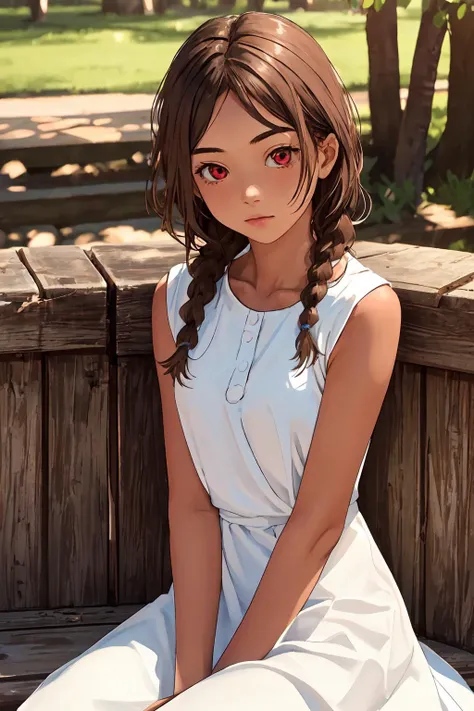 masterpiece, highres, best quality, 1girl, solo, cowboy shot, sitting, outdoors, 4s4hina, brown hair, white dress, bare shoulders, tanned skin, front angle, from the front, red eyes,  <lora:asahina-04:1>