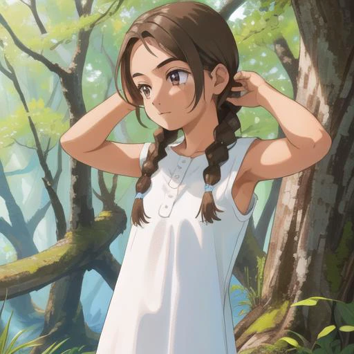 <lora:asahina:1>, 4s4hina, white dress, bare arms, brown hair, tan, ((enjoying solo alone time in nature))