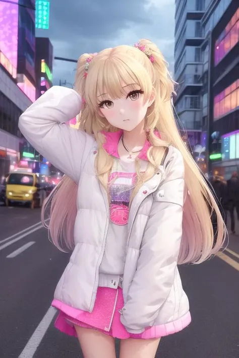 (/RIKA JOUGASAKI/), 1girl, solo, long hair, blonde hair, hair ornament, green eyes, two side up, moody sky, neon light, atmospheric light, skyscraper ,city street<lora:RIKA_JOUGASAKI_v3:1>