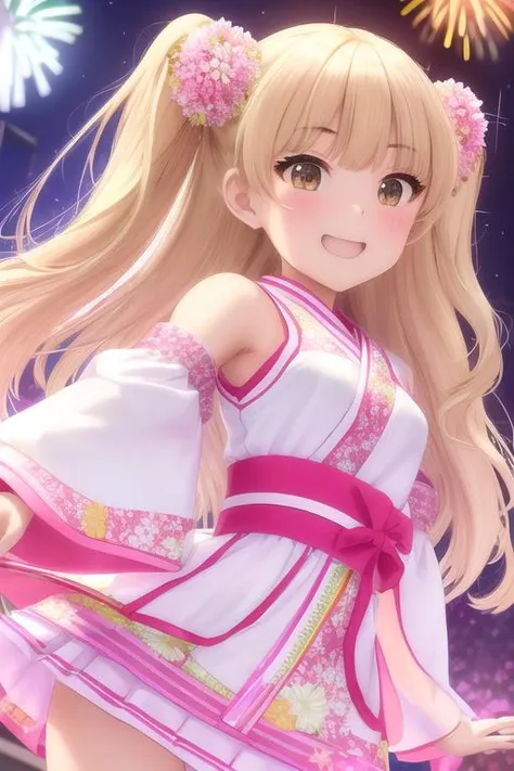 (/RIKA JOUGASAKI/), 1girl, solo, long hair, smile, open mouth, blonde hair, hair ornament, green eyes, flower, detached sleeves, japanese clothes, hair flower, two side up, fireworks <lora:RIKA_JOUGASAKI_v3:0.8>