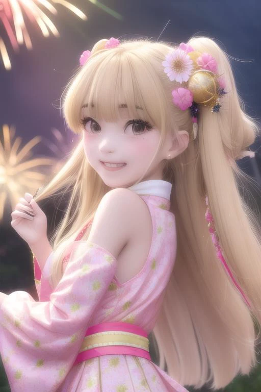 (/RIKA JOUGASAKI/), 1girl, solo, long hair, smile, open mouth, blonde hair, hair ornament, green eyes, flower, detached sleeves, japanese clothes, hair flower, two side up, fireworks  <lora:RIKA_JOUGASAKI_v4:0.85>