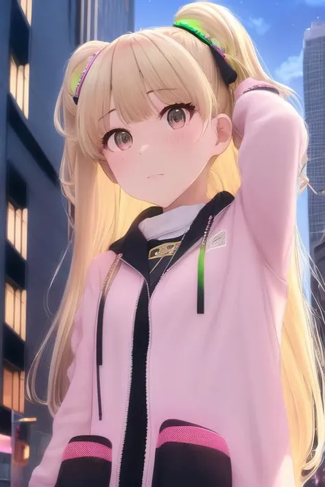 (/RIKA JOUGASAKI/), 1girl, solo, long hair, blonde hair, hair ornament, green eyes, two side up, moody sky, neon light, atmospheric light, skyscraper ,city street<lora:RIKA_JOUGASAKI_v3:1>