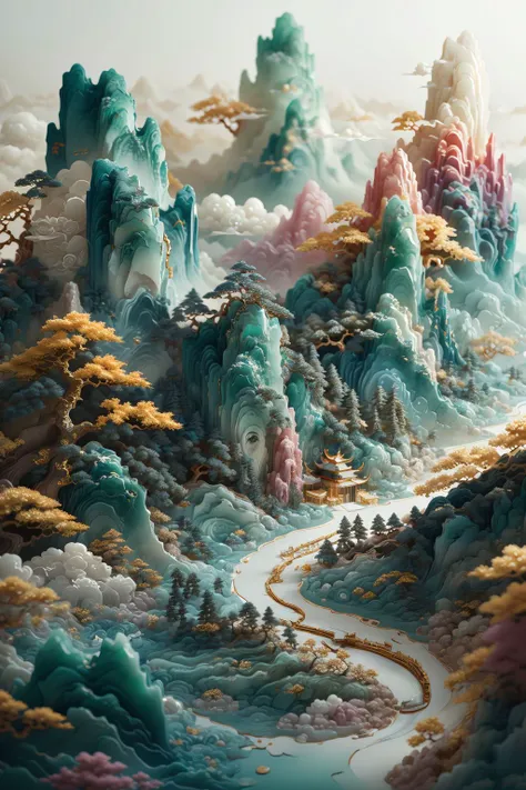 a painting of a mountain with a river running through it