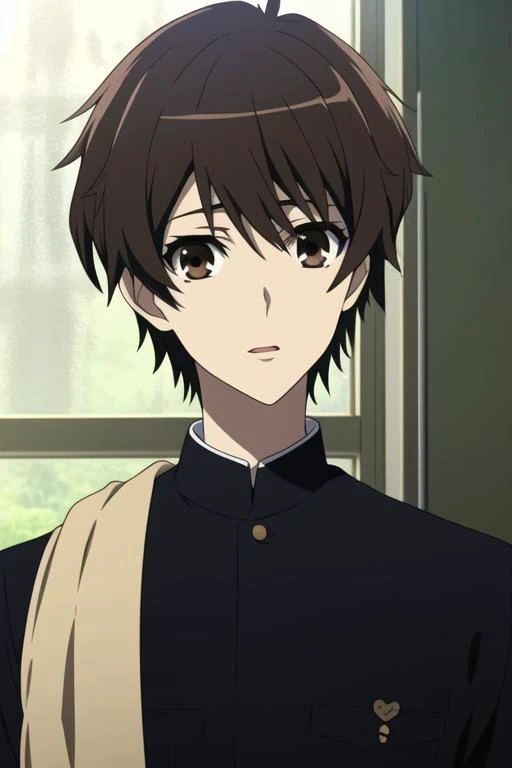 masterpiece, best quality, high quality, 1boy, solo, male focus, looking at viewer, upper body, <lora:sakakibara_kouichi:0.84>, sakakibara_kouichi, brown hair, brown eyes, school uniform, <lora:animemix_v3_offset:0.30>