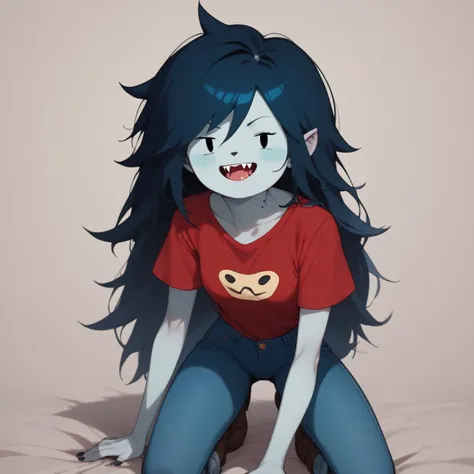 a cartoon girl with blue hair and a red shirt is sitting on a bed