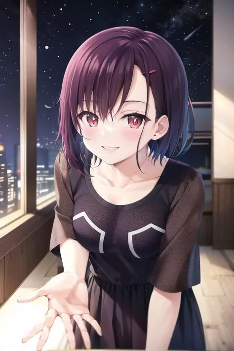 <lora:Shizuka:0.8> mikazuki_shizuka, red eyes, purple hair, short hair, casual clothes,
standing, small breasts, (upper body:1.1), room,  looking at viewer, close-up,  smile, face,
 (high quality:1.1), (high resolution:1.1), 4k, 1girl, detailed background,...