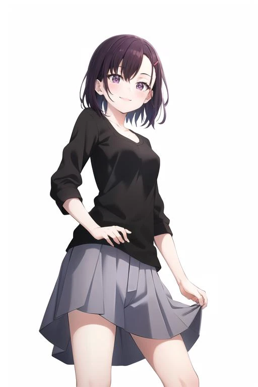 <lora:Shizuka:0.7> mikazuki_shizuka, purple eyes, purple hair, short hair, casual clothes, black shirt, from below,
standing, small breasts, (full body:1.1), smile, face, close-up, 
 (high quality:1.1), (high resolution:1.1), 4k, 1girl, simple background, ...