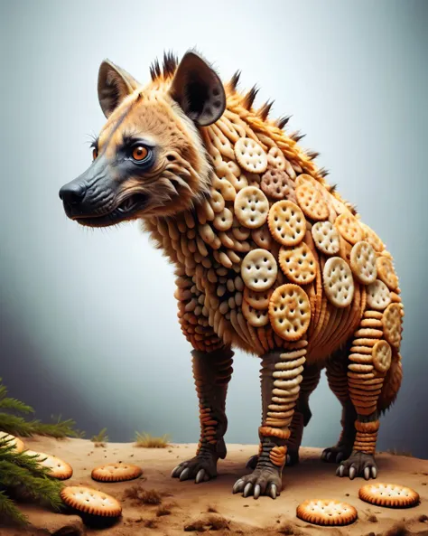 masterpiece detailed, majestic, Hairy Horrifying (Hyena of Pandemonium:1.2) , simple background, nature, Teslapunk, F/2.8, Cold Colors, Spirals, Double Exposure, <lora:noc-crackers2:1> noc-crackers